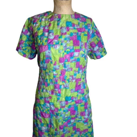 1970s Mod Neon Dress Size Medium quilt print colorful shift - Picture 3 of 14
